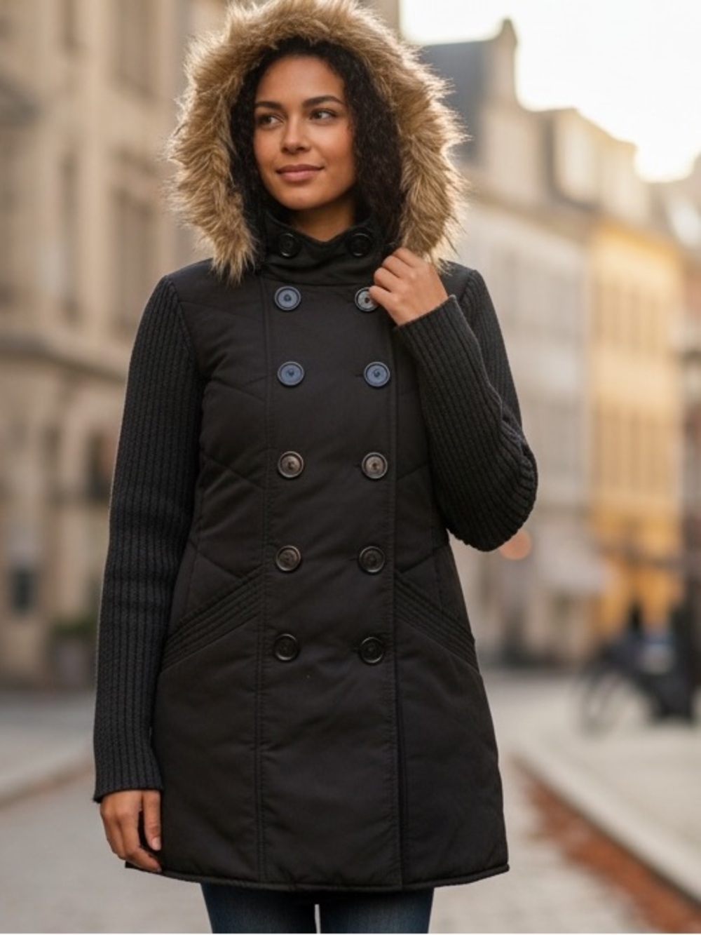 Black Puffer Coat Women’s Medium Faux Fur Hood Button Front